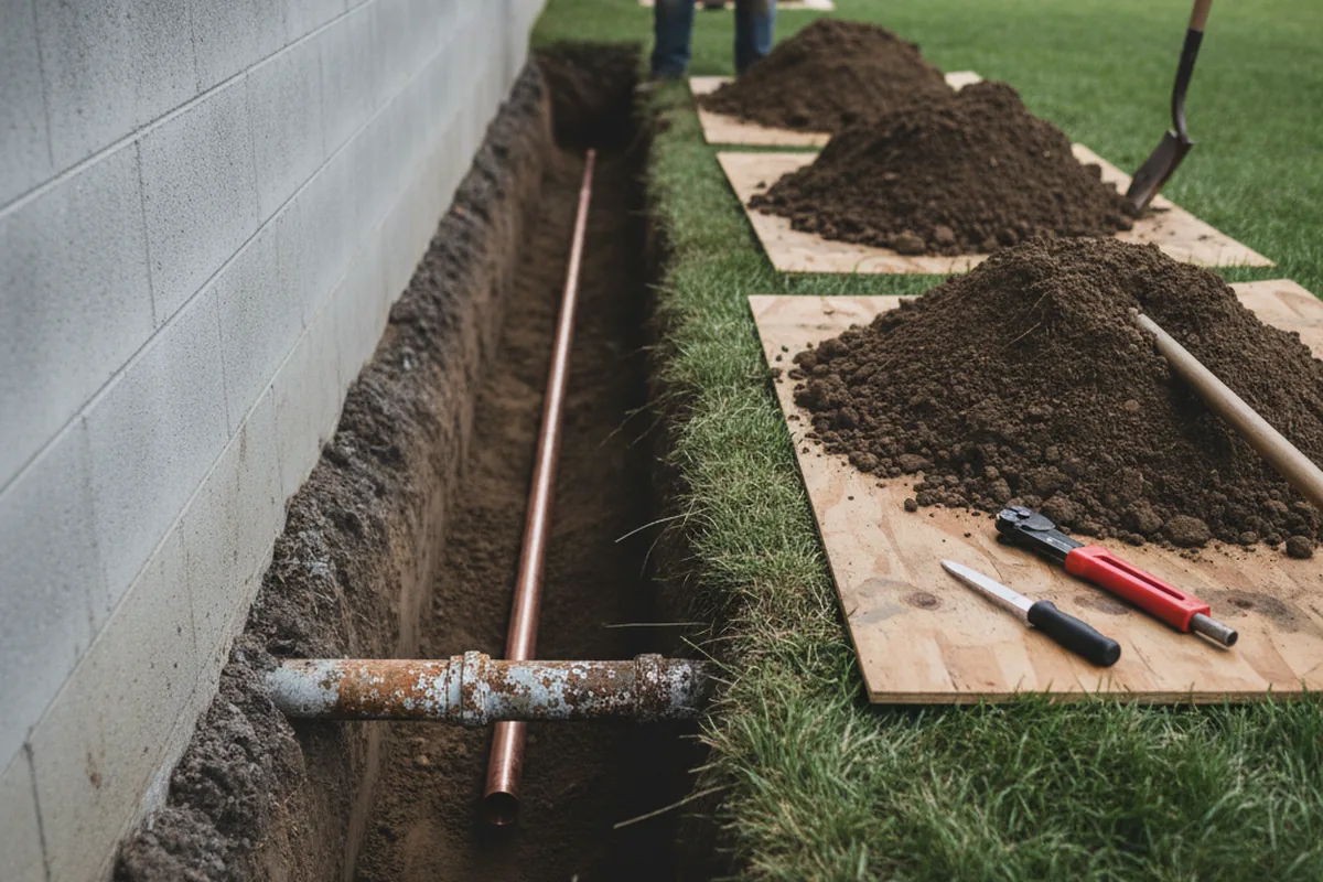 Excavated water line trench during Sewer Line Repair in Bartow